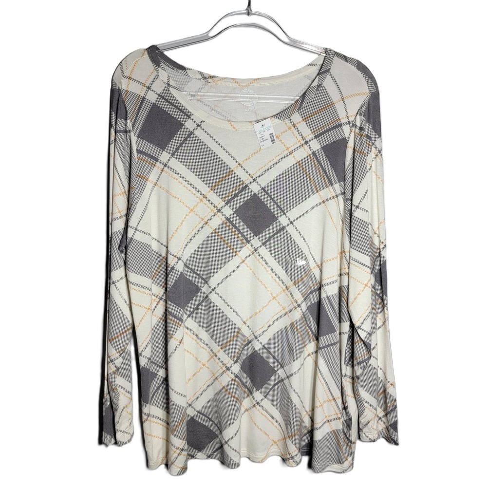 Maurices Womens Plaid‎ Long Sleeve Top Plus Size 1X Gray Cream Soft Rayon NWT